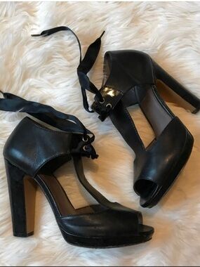 MRKT Black Ribbon-Tie Peep Toe High Heels